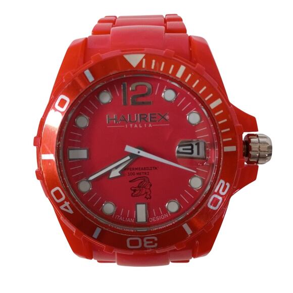 Huarex Caimano Quartz Watch Unisex Red Plastic Rotating Bezel Date - Picture 1 of 12